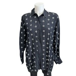 Dina Bar-el Black Buttondown Shirt Metallic Embroidered Dot Print Vintage sz L